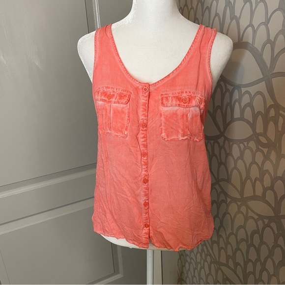 Aeropostale Sz S Sleeveless Blouse Front Pockets Coral Pigment Dyed Round Neck - Picture 3 of 6
